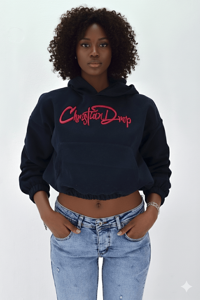 Kadın Neon Christian Drop Yazılı Kapüşonlu Crop Kesim Lacivert Sweatshirt Nakış İşlemeli