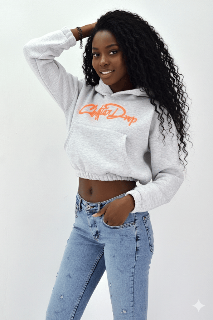 Kadın Neon Christian Drop Yazılı Kapüşonlu Crop Kesim Gri Sweatshirt Nakış İşlemeli