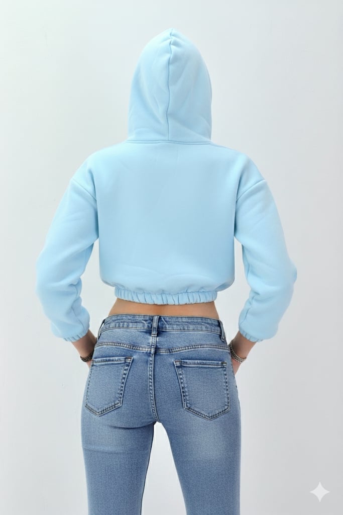 Kadın Neon Christian Drop Yazılı Kapüşonlu Crop Kesim Mavi Sweatshirt Nakış İşlemeli