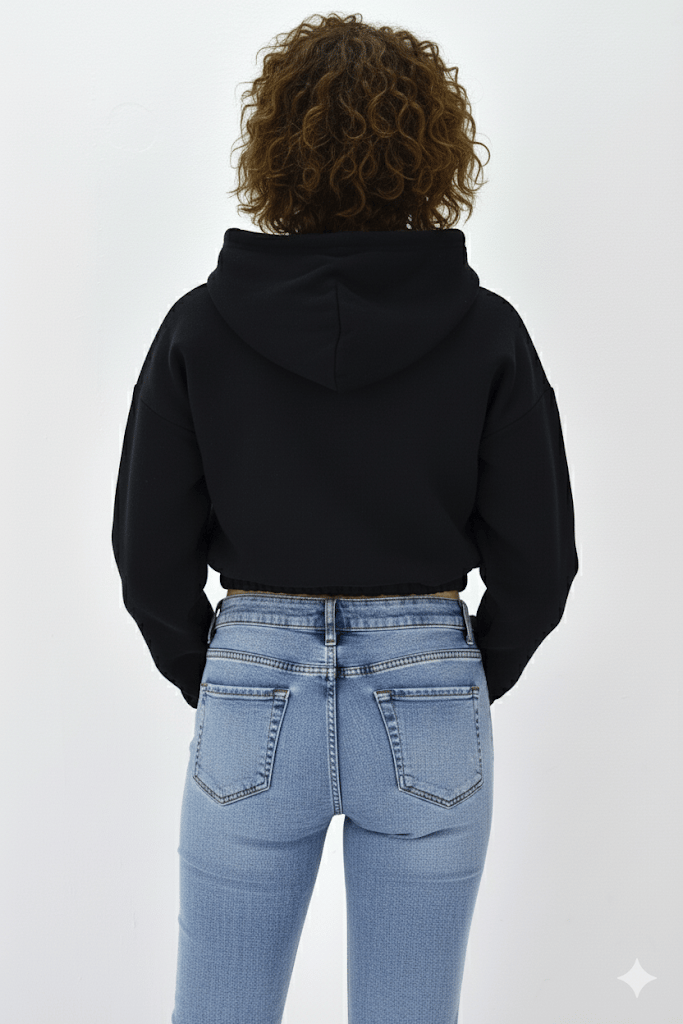 Kadın Neon Christian Drop Yazılı Kapüşonlu Crop Kesim Siyah Sweatshirt Nakış İşlemeli