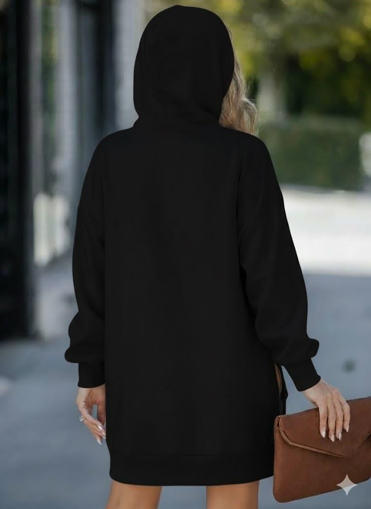 Kadın Oversize Kapüşonlu Sweatshirt Yan Fermuar Detaylı Uzun Kollu Siyah Tunik