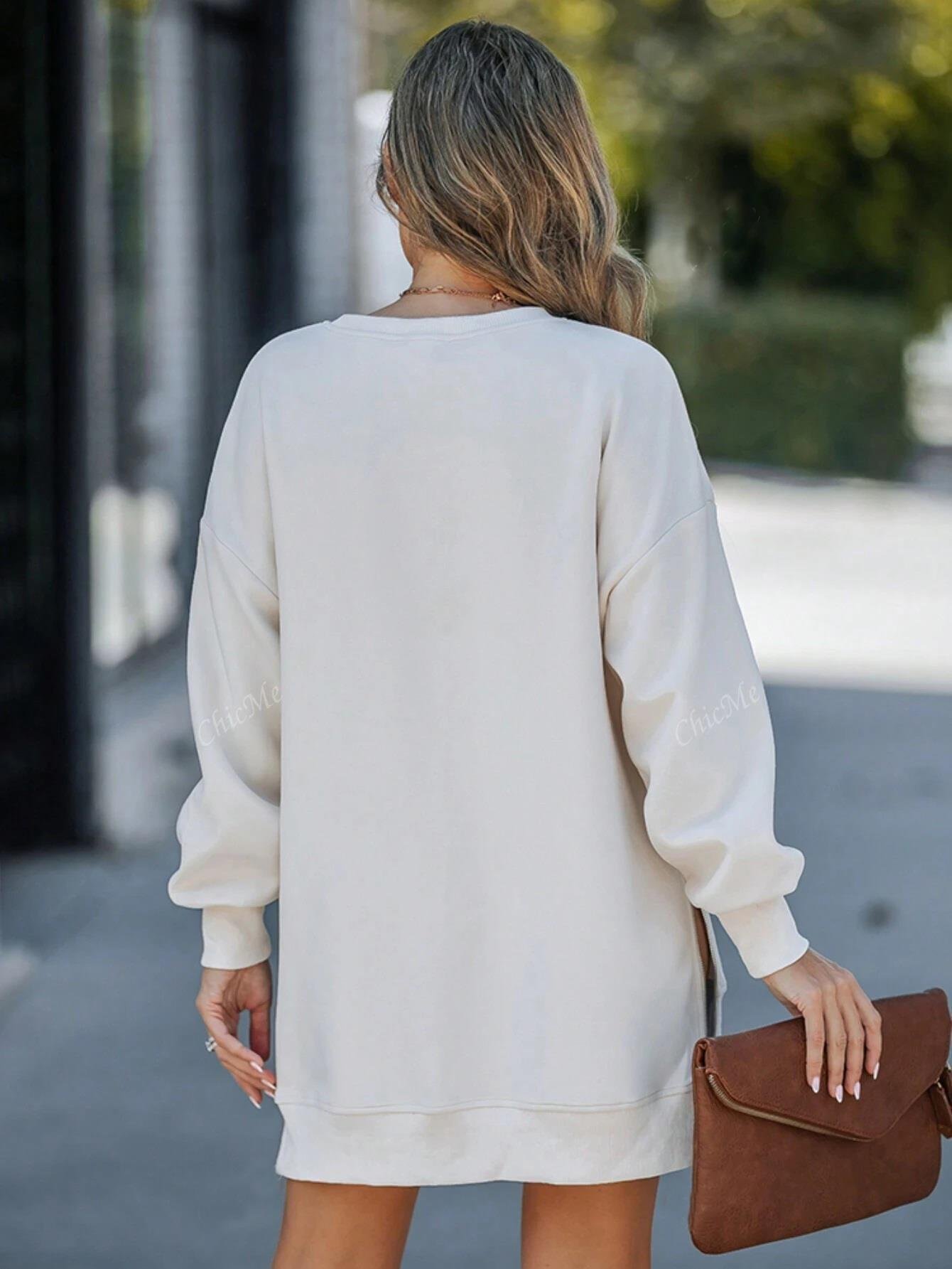 Kadın Oversize Sweatshirt Yan Fermuar Detaylı Uzun Kollu Ekru Tunik