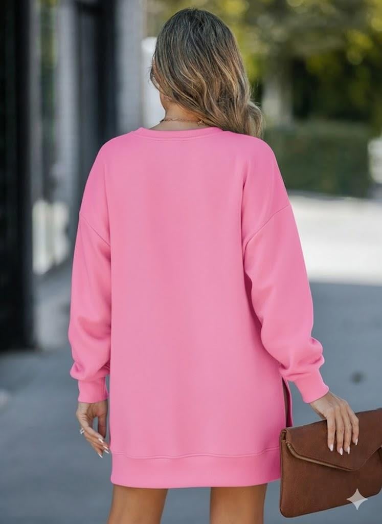 Kadın Oversize Sweatshirt Yan Fermuar Detaylı Uzun Kollu Pembe Tunik