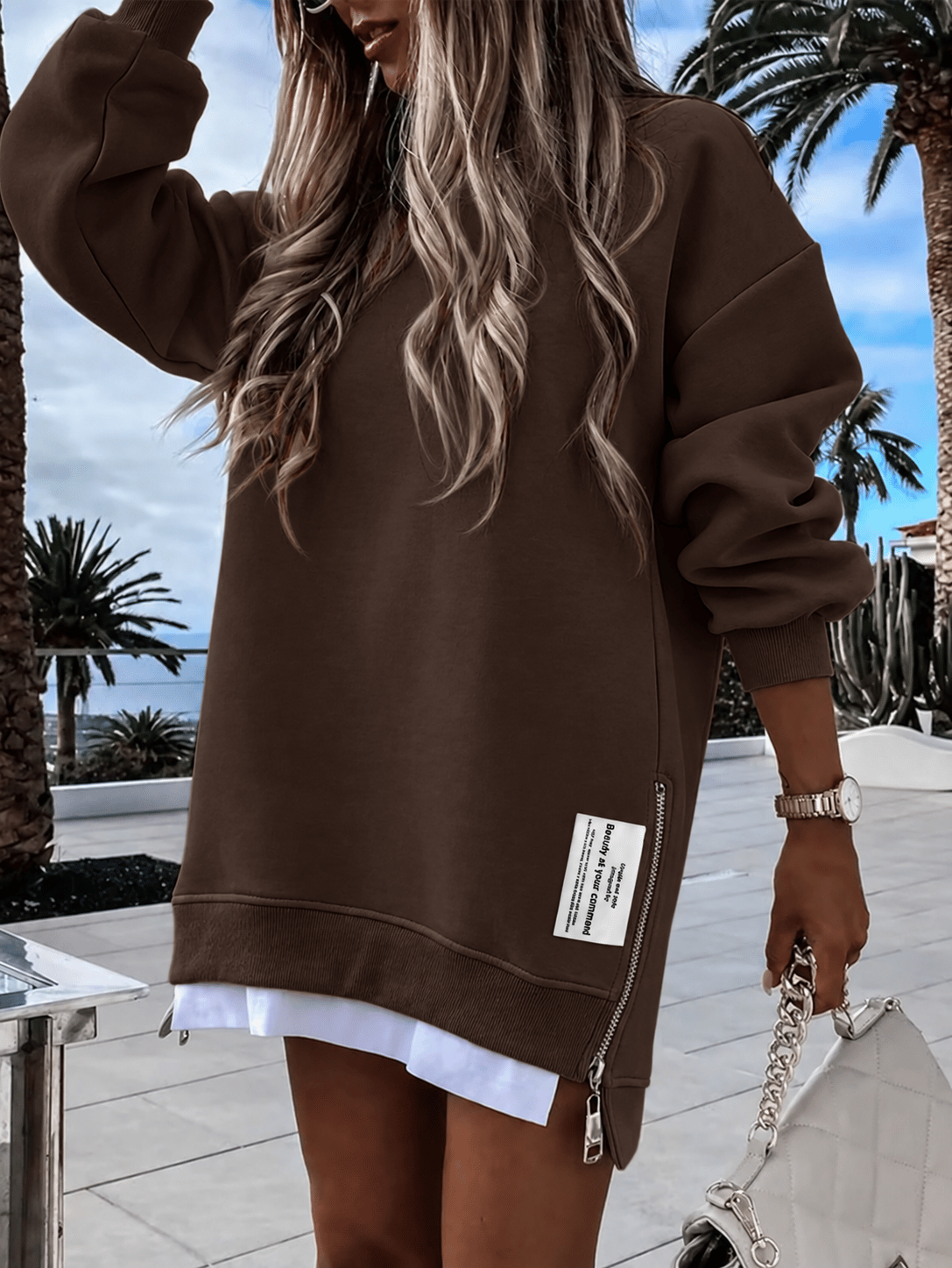 Kadın Oversize Sweatshirt Yan Fermuar Detaylı Uzun Kollu Kahverengi Tunik