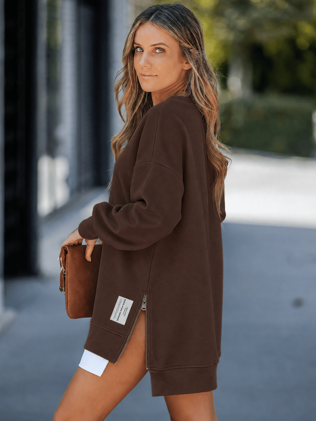 Kadın Oversize Sweatshirt Yan Fermuar Detaylı Uzun Kollu Kahverengi Tunik