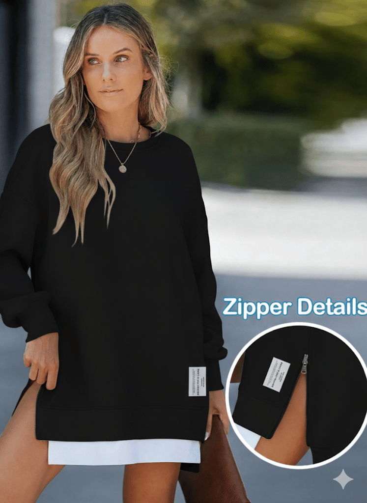 Kadın Oversize Sweatshirt Yan Fermuar Detaylı Uzun Kollu Siyah Tunik