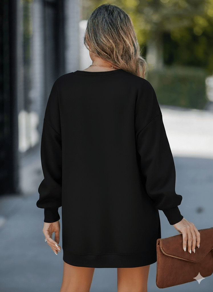 Kadın Oversize Sweatshirt Yan Fermuar Detaylı Uzun Kollu Siyah Tunik