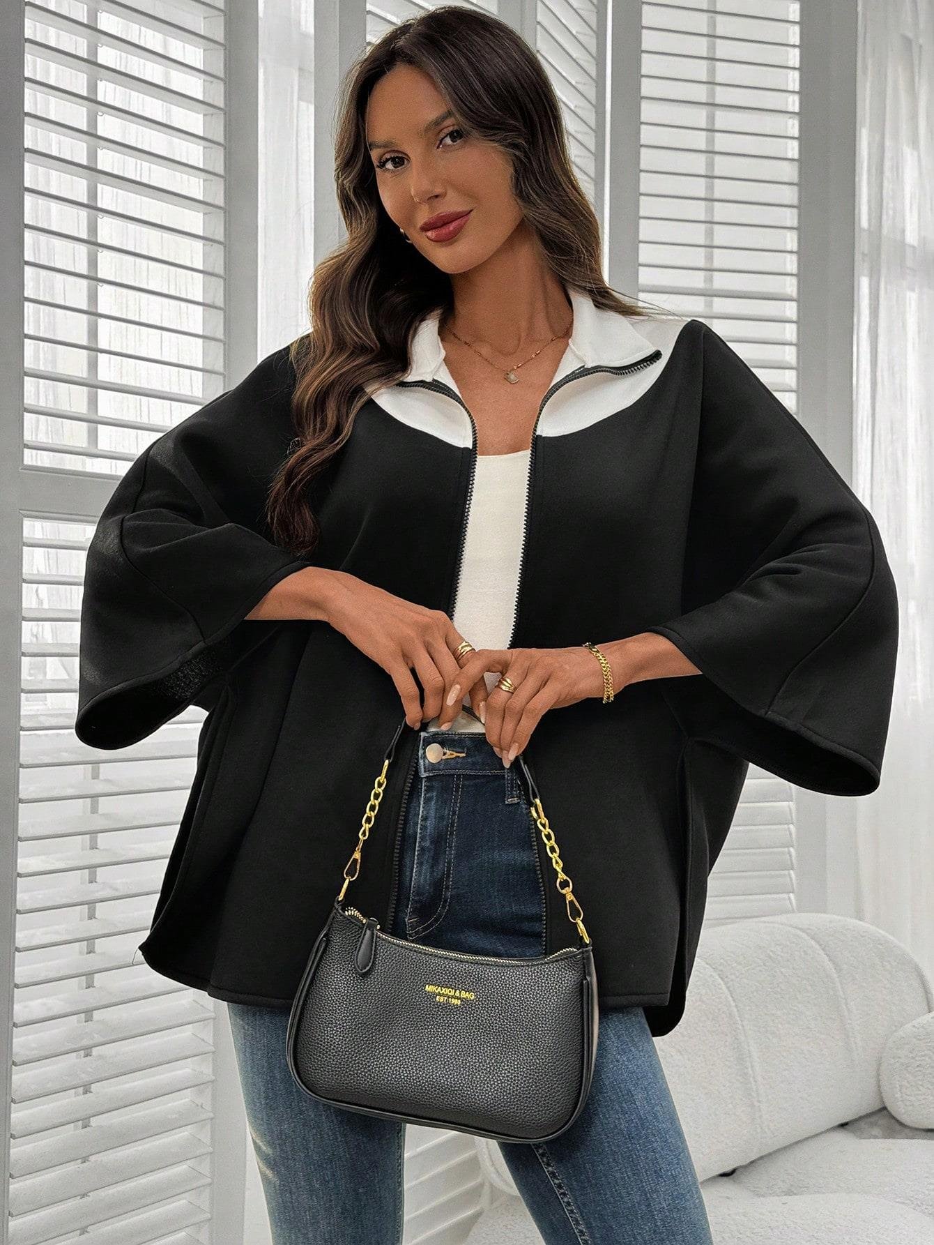 Kadın Panço Fermuarlı Sweat – Oversize Kesim, 3 İplik Şardonlu Kumaş