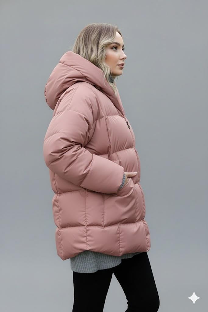 Kadın Pembe Kapüşonlu Şişme Mont – Oversize Kışlık Kalın Mont –  Soğuk Geçirmez Şişme Mont