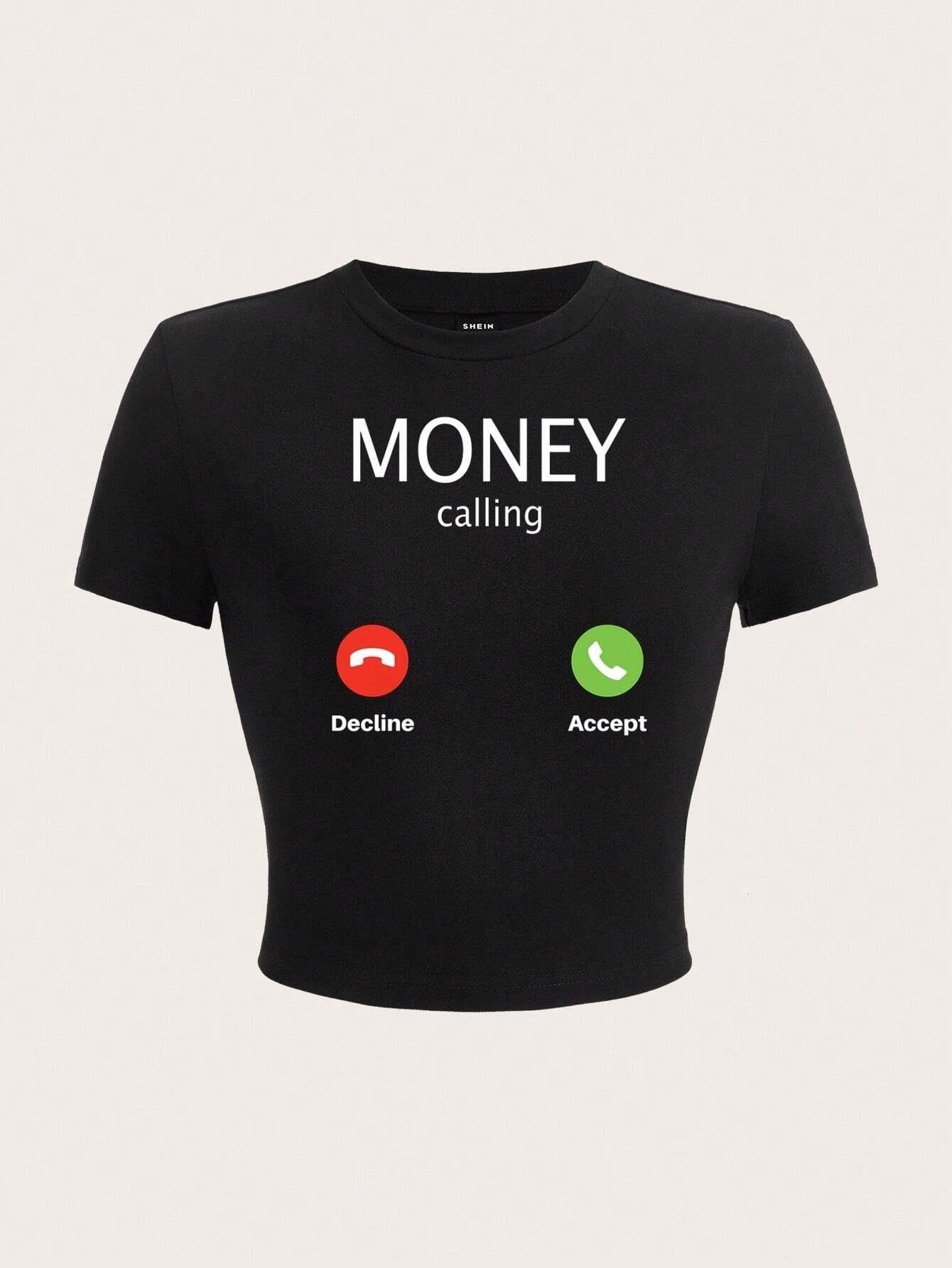 Kadın Siyah Crop Tişört Money Calling Baskılı Telefon Temalı Kısa Tişört Streetwear