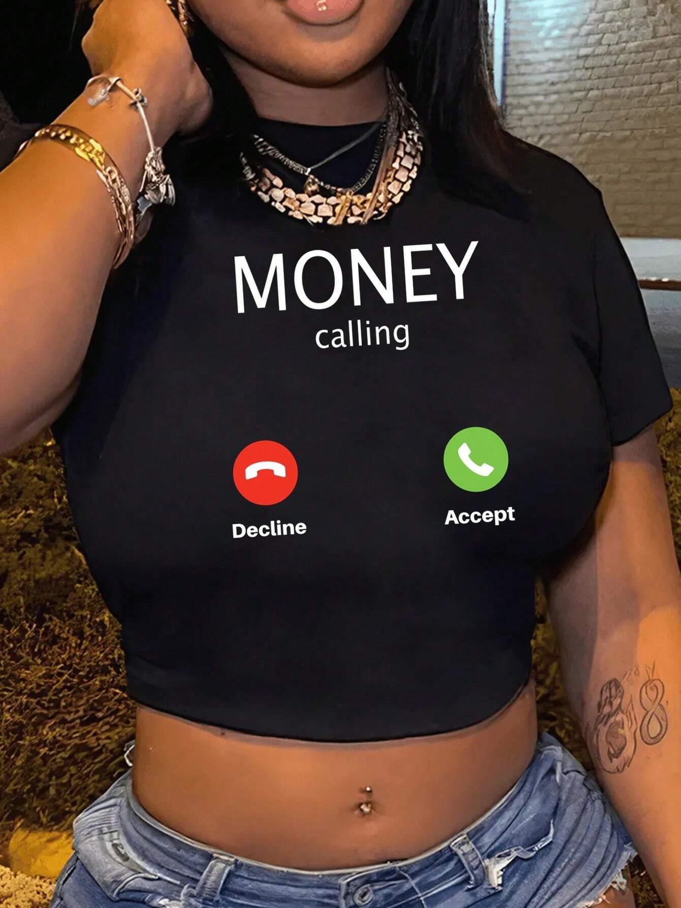 Kadın Siyah Crop Tişört Money Calling Baskılı Telefon Temalı Kısa Tişört Streetwear
