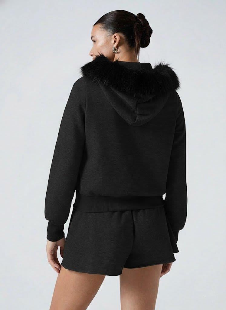 Kadın Siyah Fermuarlı  Kapüşonlu Sweatshirt – Kürkü Siyah Kapüşonlu, Cepli, Rahat Kalıp