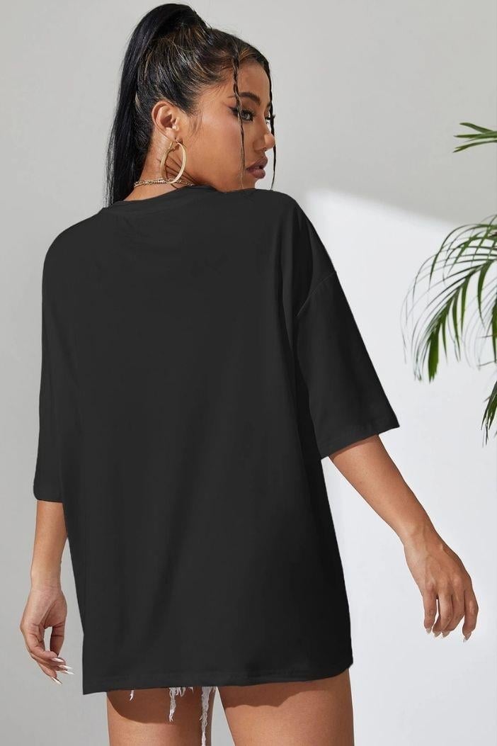Kadın Siyah  Oversize Kesim Bisiklet Yaka Oversize Tişört