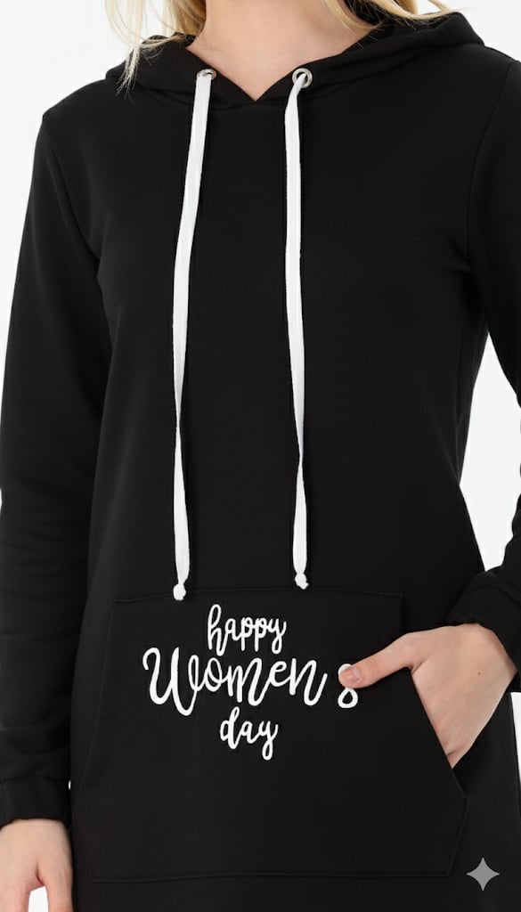 Kadın Uzun Boy Happy Women's Day Yazılı Siyah Kapüşonlu Cepli Elbise