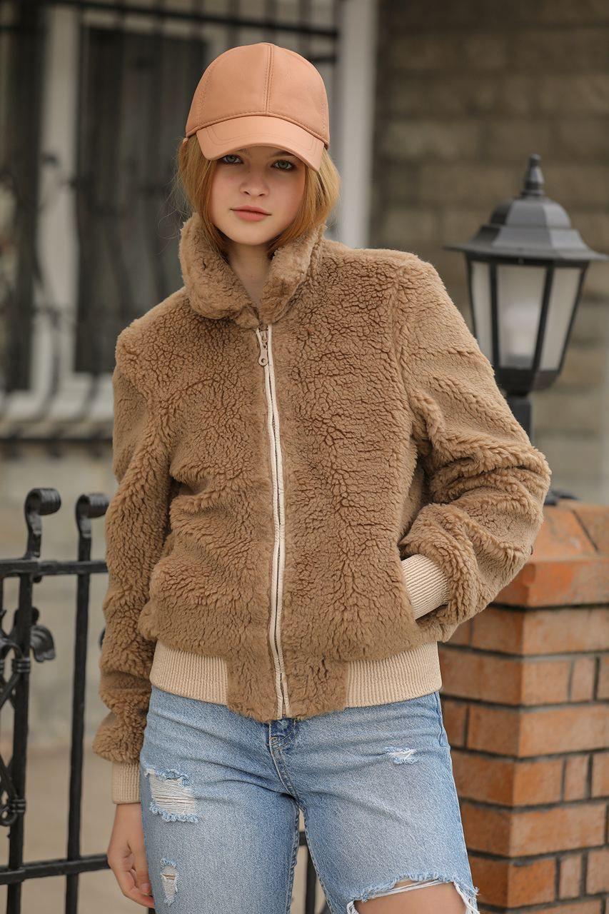 Kadın Vizon Teddy Peluş Mont Astarlı Fermuarlı Cepli Sıcak Tutucu Rahat Günlük Dış Giyim