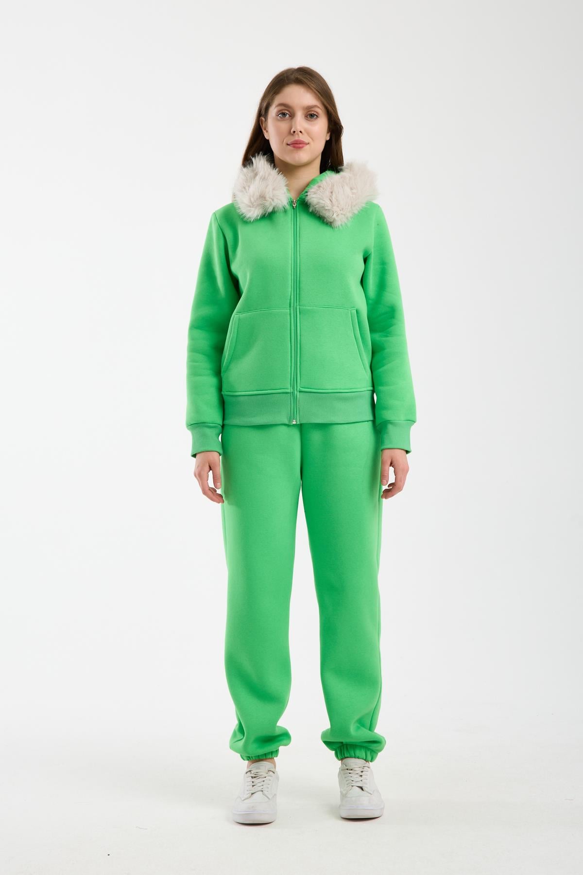 Kadın Yeşil Kapüşonu Kürklü (Çıkarılabilir) Fermuarlı Sweatshirt ve Eşofman Altı Takım