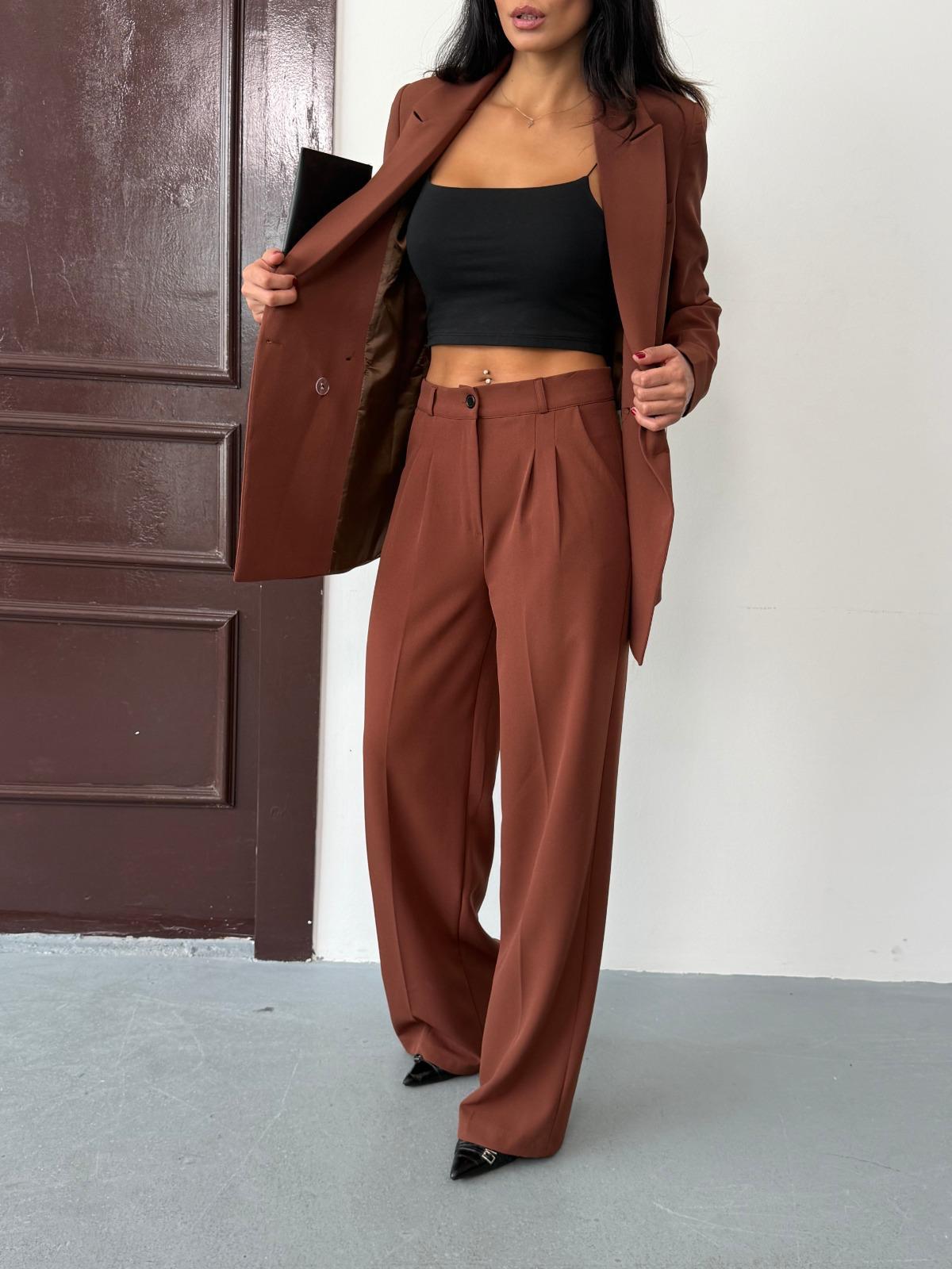 Kahverengi Kadın Polly Viscon Takım – 1. Sınıf Kumaş Blazer Ceket & Palazzo Pantolon İkili Takım