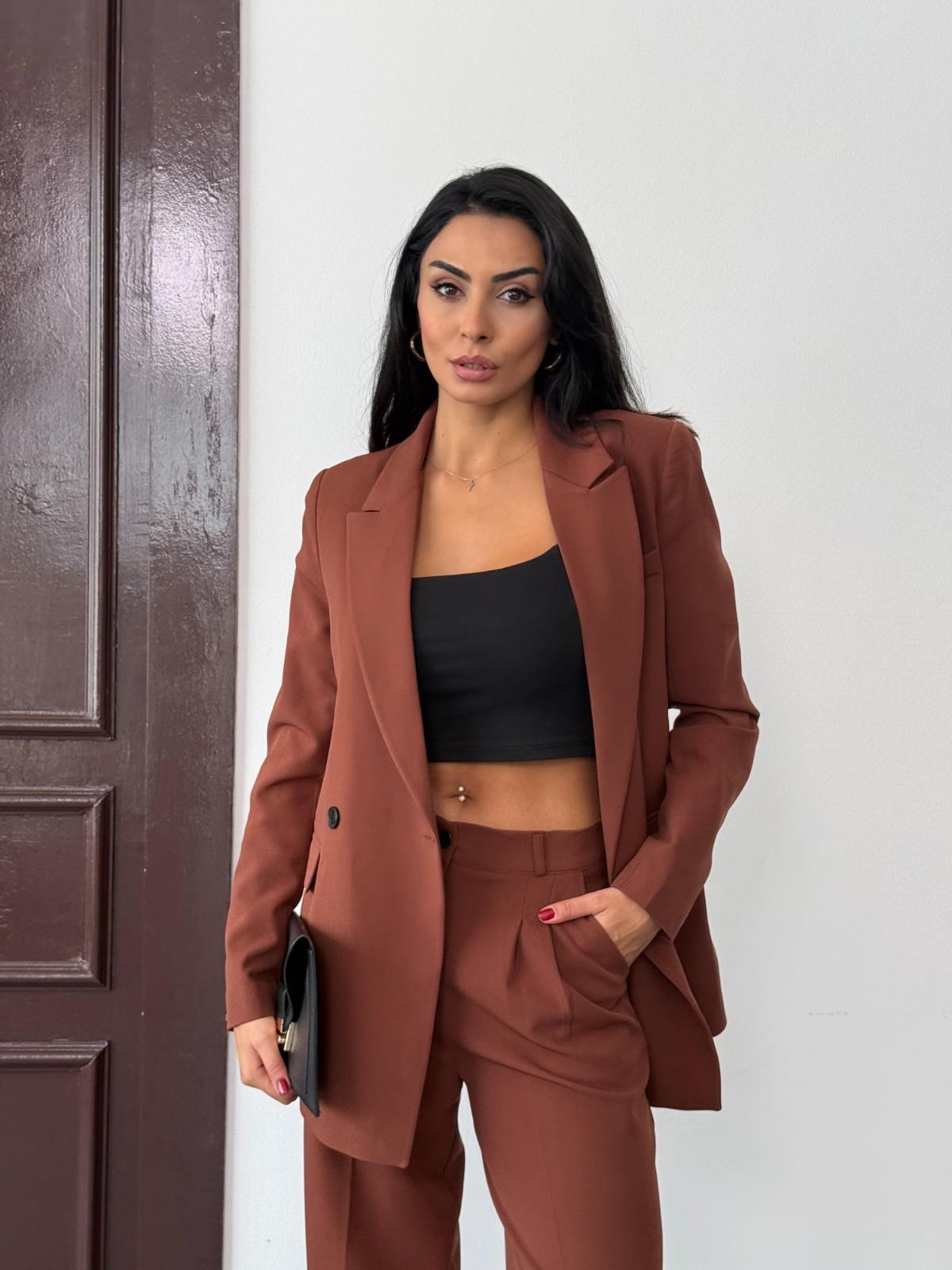 Kahverengi Kadın Polly Viscon Takım – 1. Sınıf Kumaş Blazer Ceket & Palazzo Pantolon İkili Takım