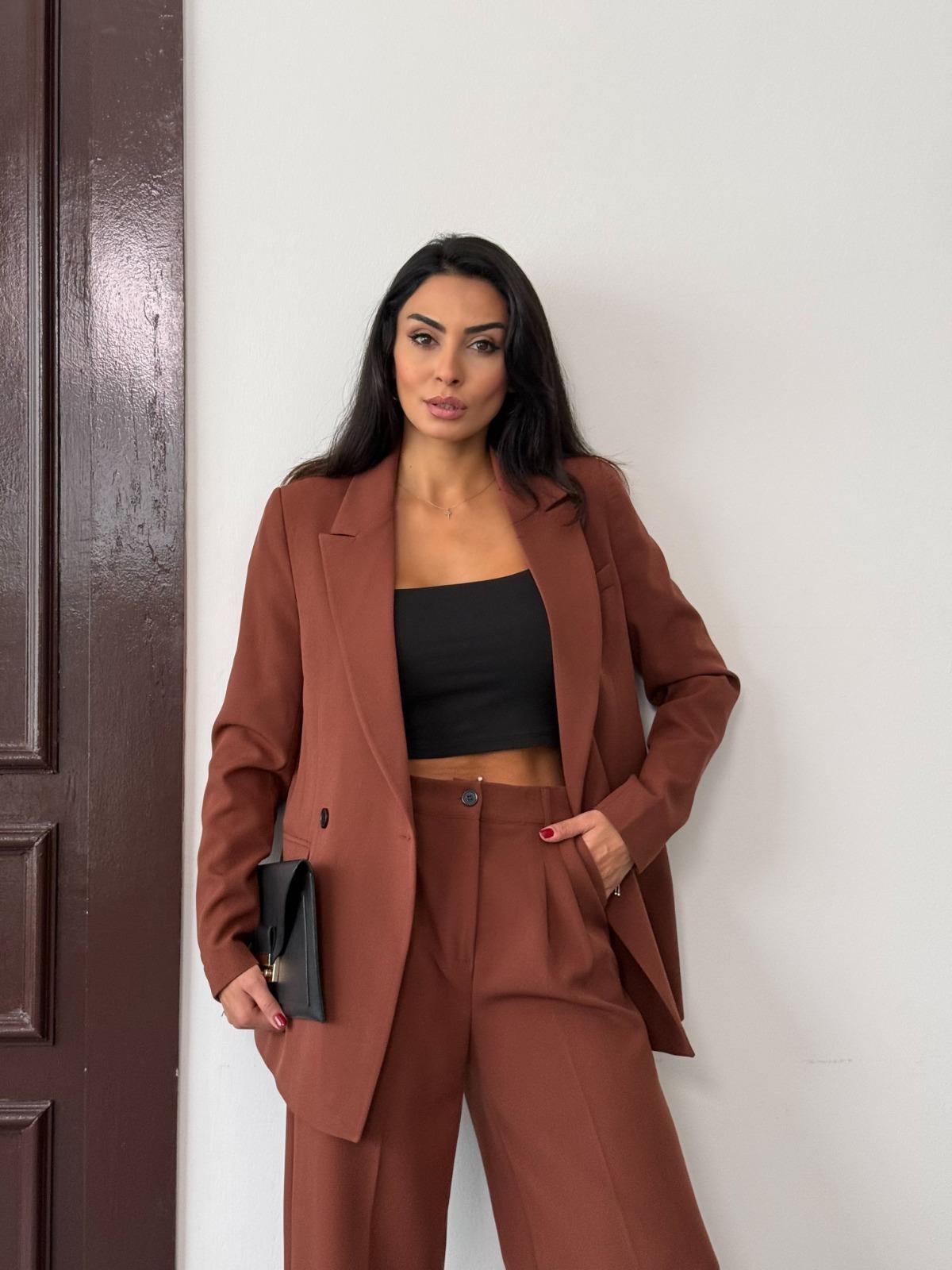 Kahverengi Kadın Polly Viscon Takım – 1. Sınıf Kumaş Blazer Ceket & Palazzo Pantolon İkili Takım