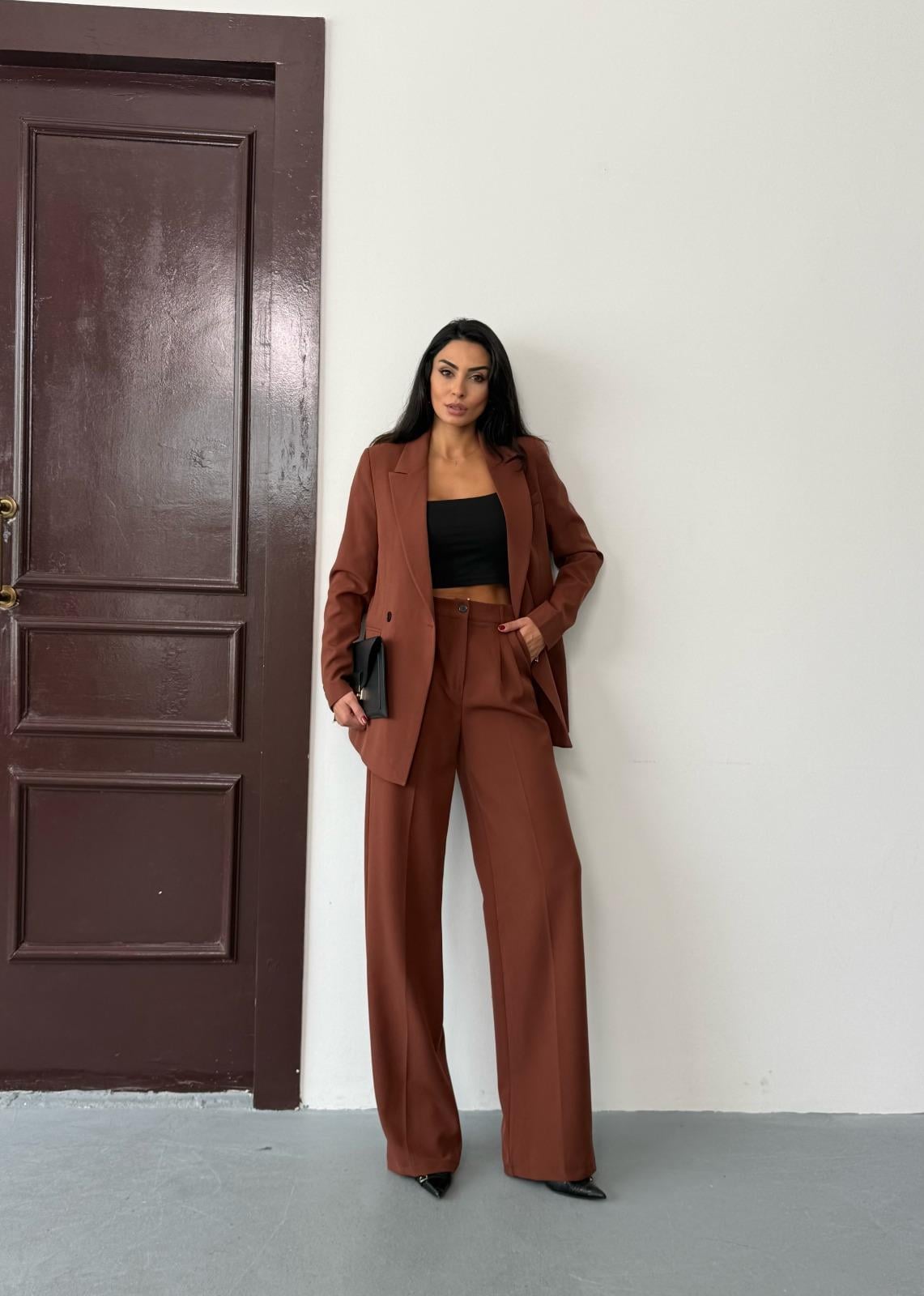 Kahverengi Kadın Polly Viscon Takım – 1. Sınıf Kumaş Blazer Ceket & Palazzo Pantolon İkili Takım