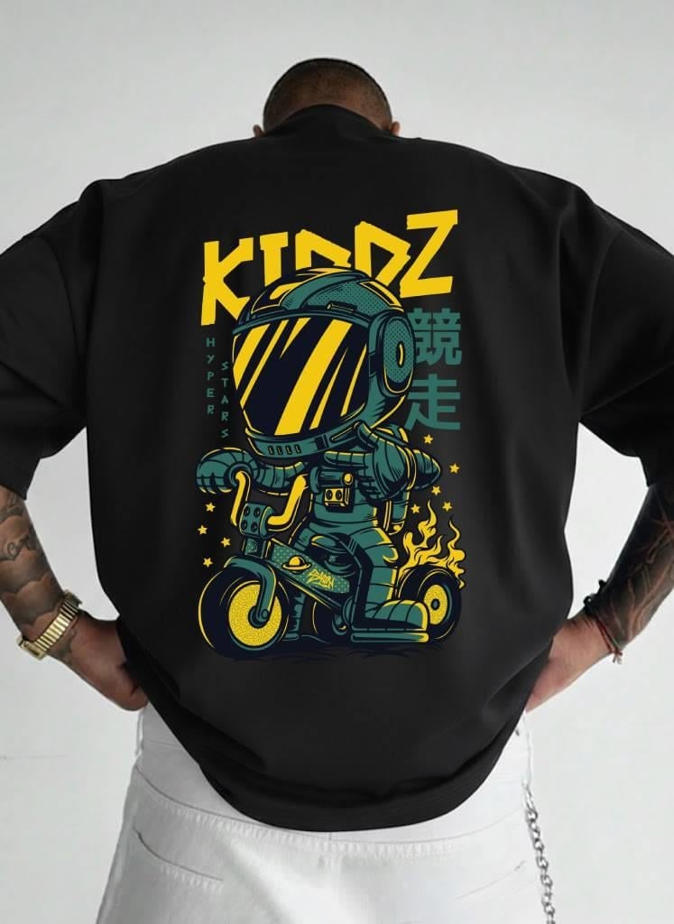 KIDDZ Hyper Stars Astronot Baskılı Oversize T-shirt - %100 Pamuk Süprem - Siyah OversizeTişört
