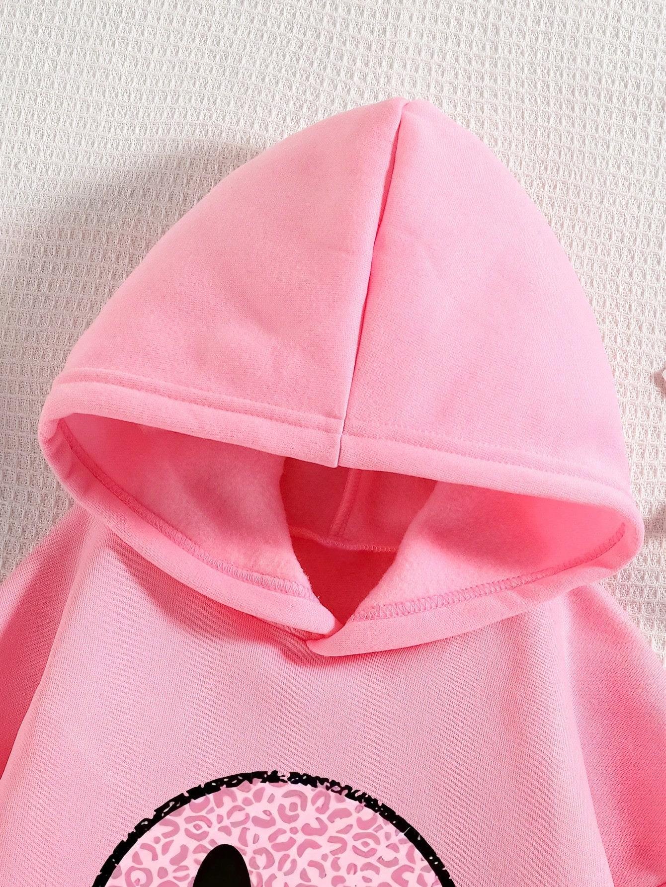 Kız Çocuk Pembe Kapüşonlu Sweatshirt – Emoji Baskılı, Rahat Oversize