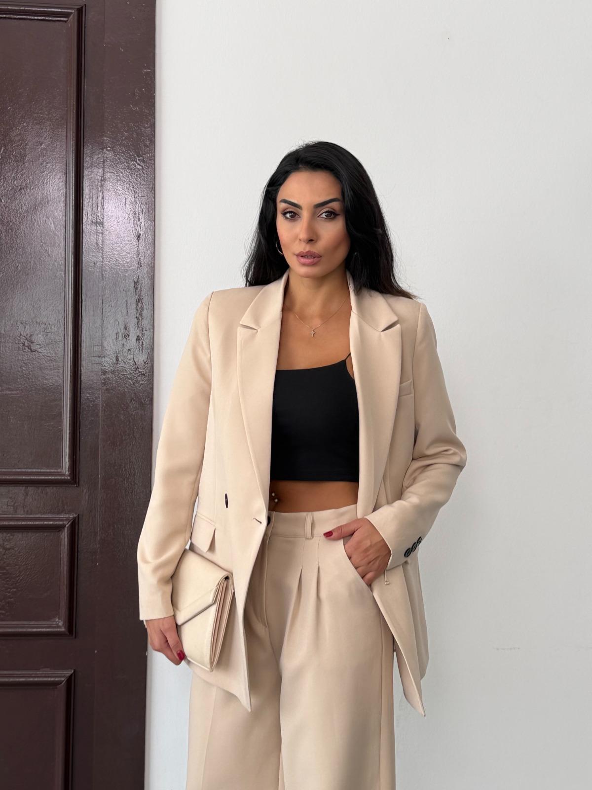 Krem Kadın Polly Viscon Takım – 1. Sınıf Kumaş Blazer Ceket & Palazzo Pantolon İkili Takım