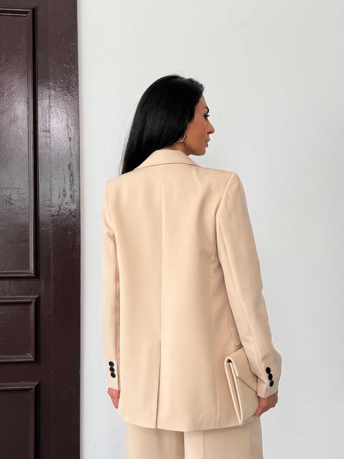 Krem Kadın Polly Viscon Takım – 1. Sınıf Kumaş Blazer Ceket & Palazzo Pantolon İkili Takım