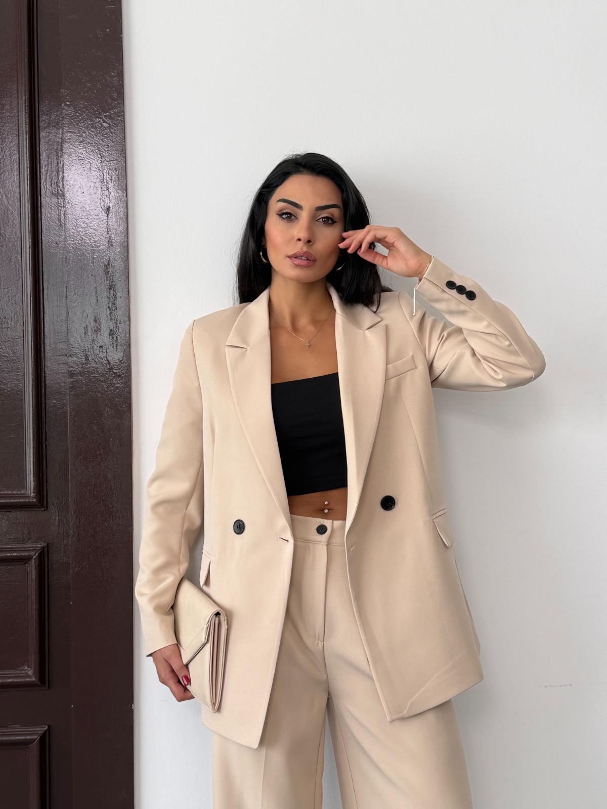 Krem Kadın Polly Viscon Takım – 1. Sınıf Kumaş Blazer Ceket & Palazzo Pantolon İkili Takım