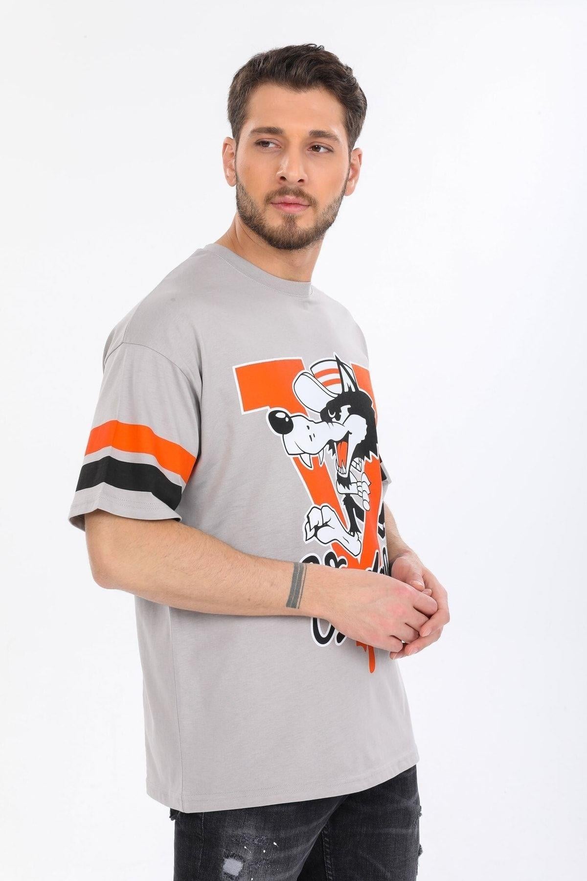 Kurt Desenli Gri T-shirt