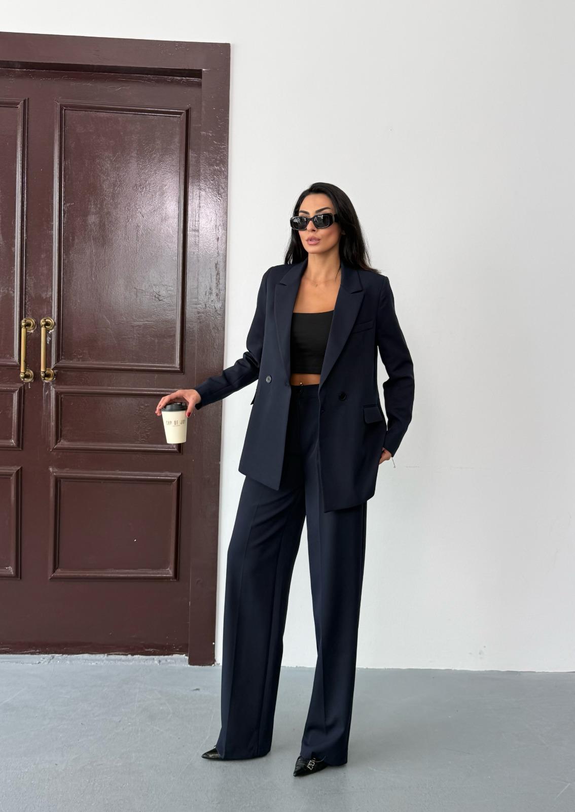 Lacivert Kadın Polly Viscon Takım – 1. Sınıf Kumaş Blazer Ceket & Palazzo Pantolon İkili Takım