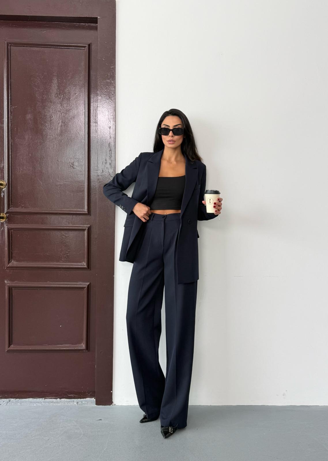 Lacivert Kadın Polly Viscon Takım – 1. Sınıf Kumaş Blazer Ceket & Palazzo Pantolon İkili Takım