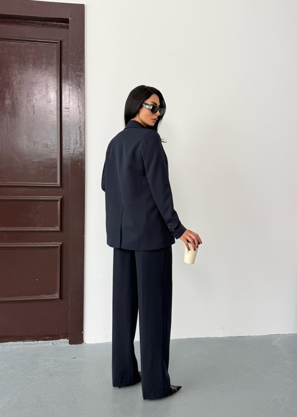 Lacivert Kadın Polly Viscon Takım – 1. Sınıf Kumaş Blazer Ceket & Palazzo Pantolon İkili Takım