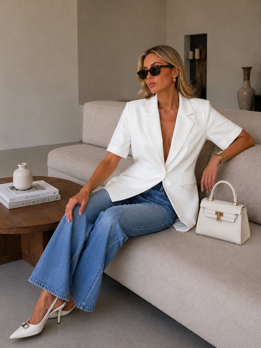Luna Kadın Ekru Kısa Kollu Blazer Ceket Düğmeli Şık Tasarım