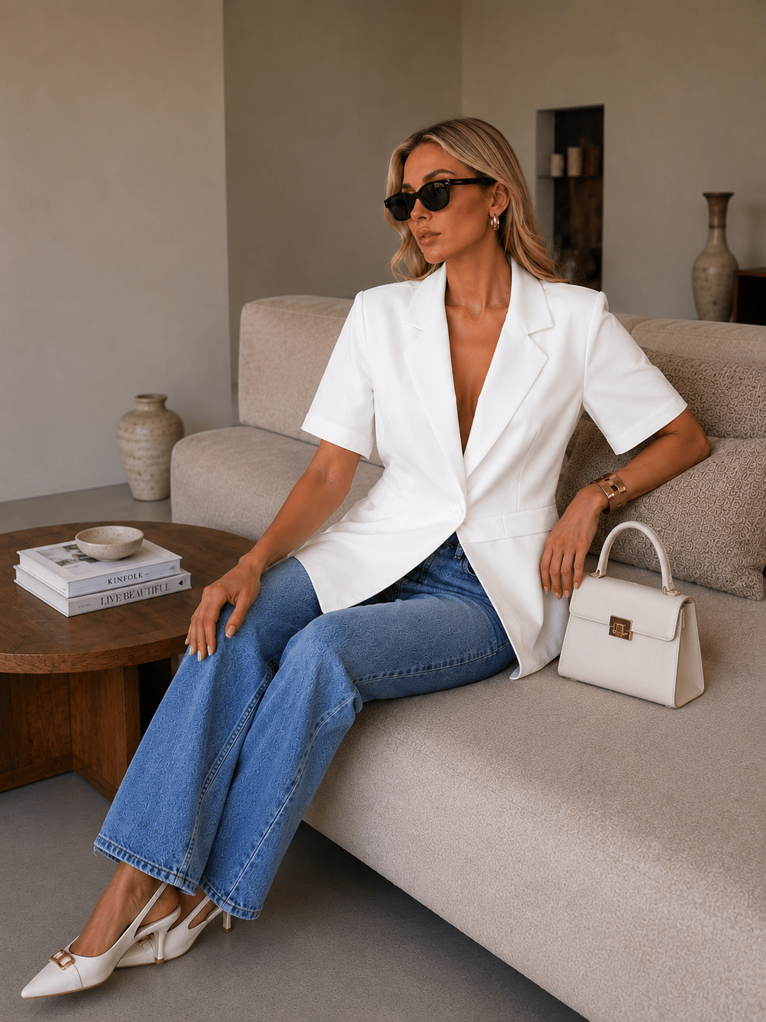 Luna Kadın Ekru Kısa Kollu Blazer Ceket Düğmeli Şık Tasarım