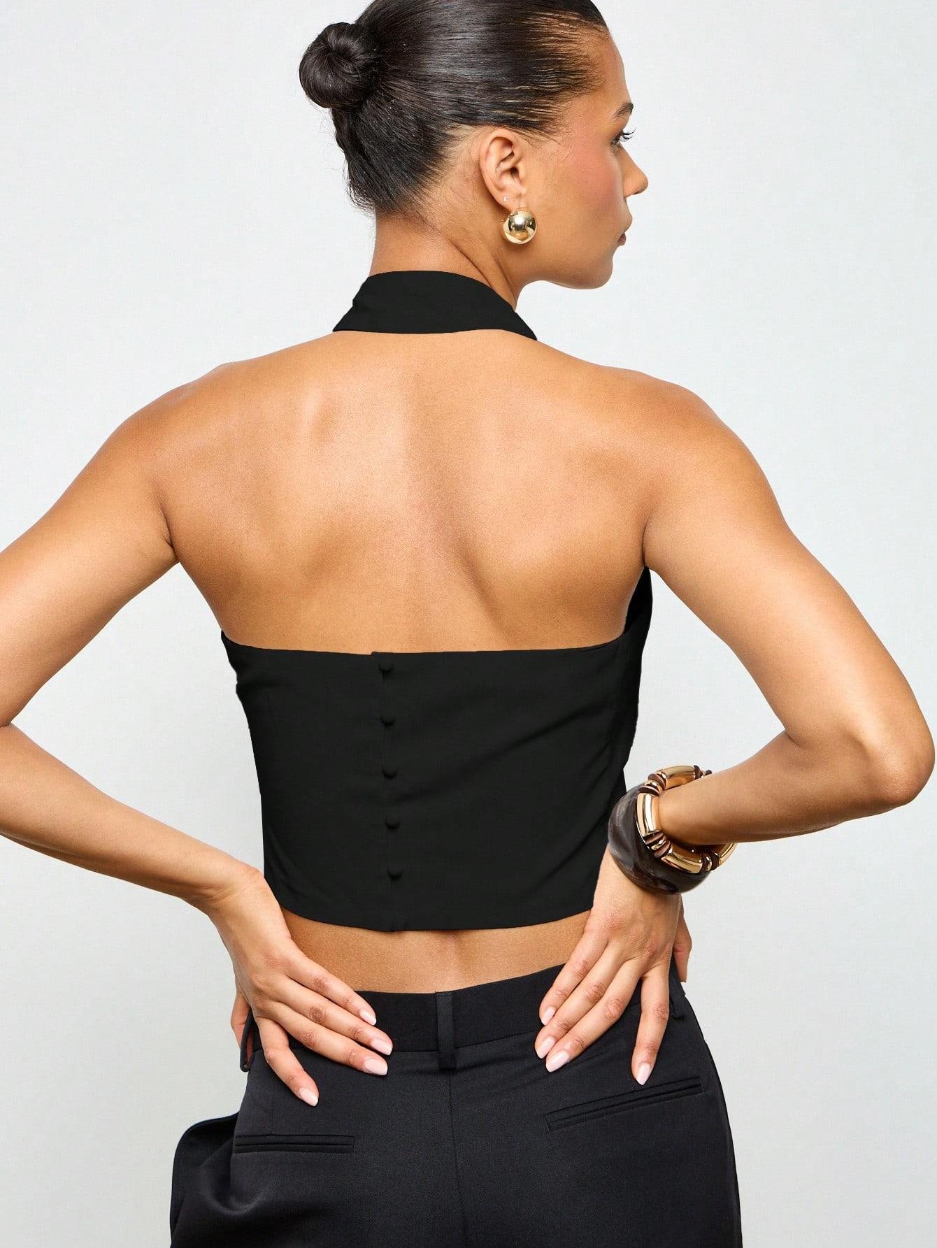 Milano Kadın Siyah Halter Yaka Crop Bluz – Hürrem Kumaş Şık ve Modern Tasarım