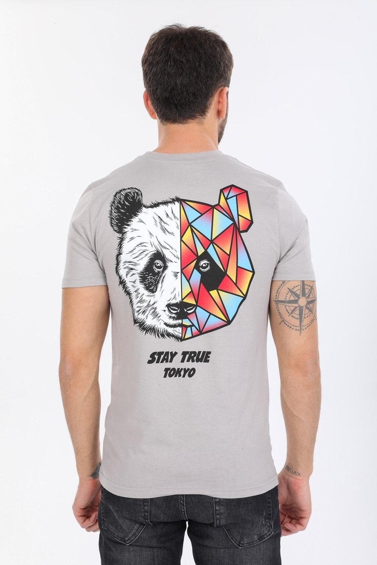 Minimal Ayı Desenli Gri T-shirt