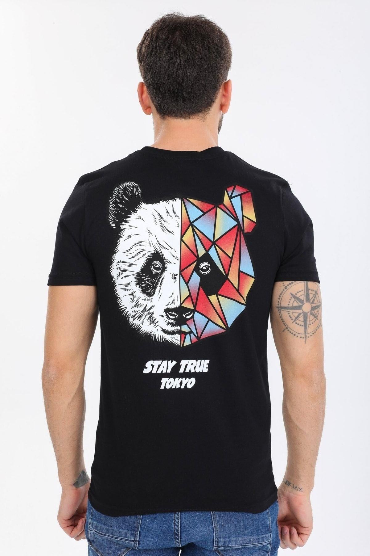Minimal Ayı Desenli Siyah T-shirt