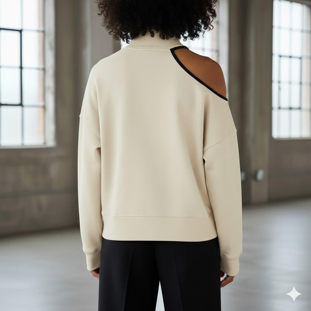 Modern Açık Omuz (Tek Omuz) Balıkçı Yaka Kadın Sweatshirt - Krem Rengi