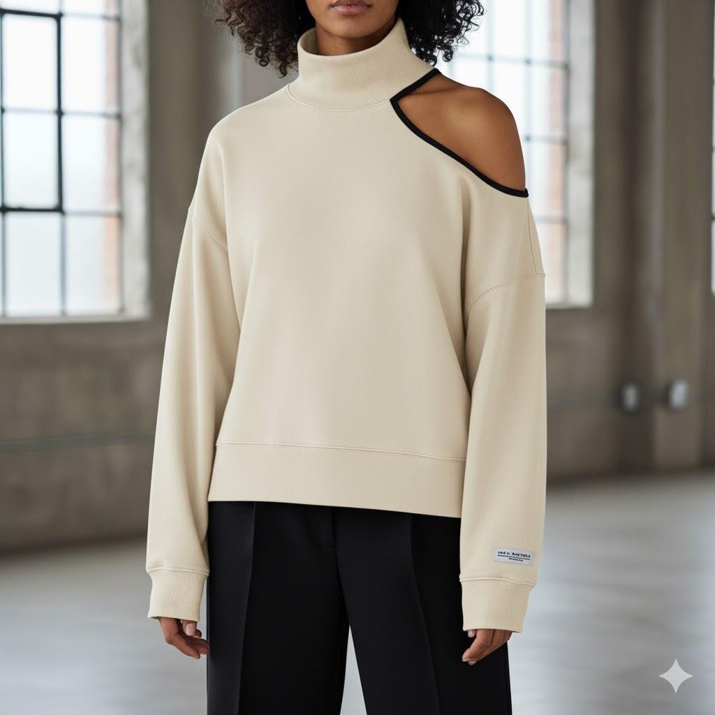 Modern Açık Omuz (Tek Omuz) Balıkçı Yaka Kadın Sweatshirt - Krem Rengi