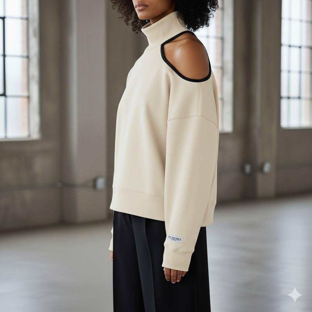 Modern Açık Omuz (Tek Omuz) Balıkçı Yaka Kadın Sweatshirt - Krem Rengi