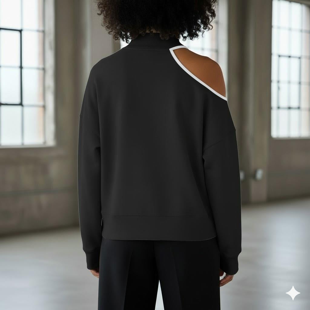 Modern Açık Omuz (Tek Omuz) Balıkçı Yaka Kadın Sweatshirt - Siyah Rengi
