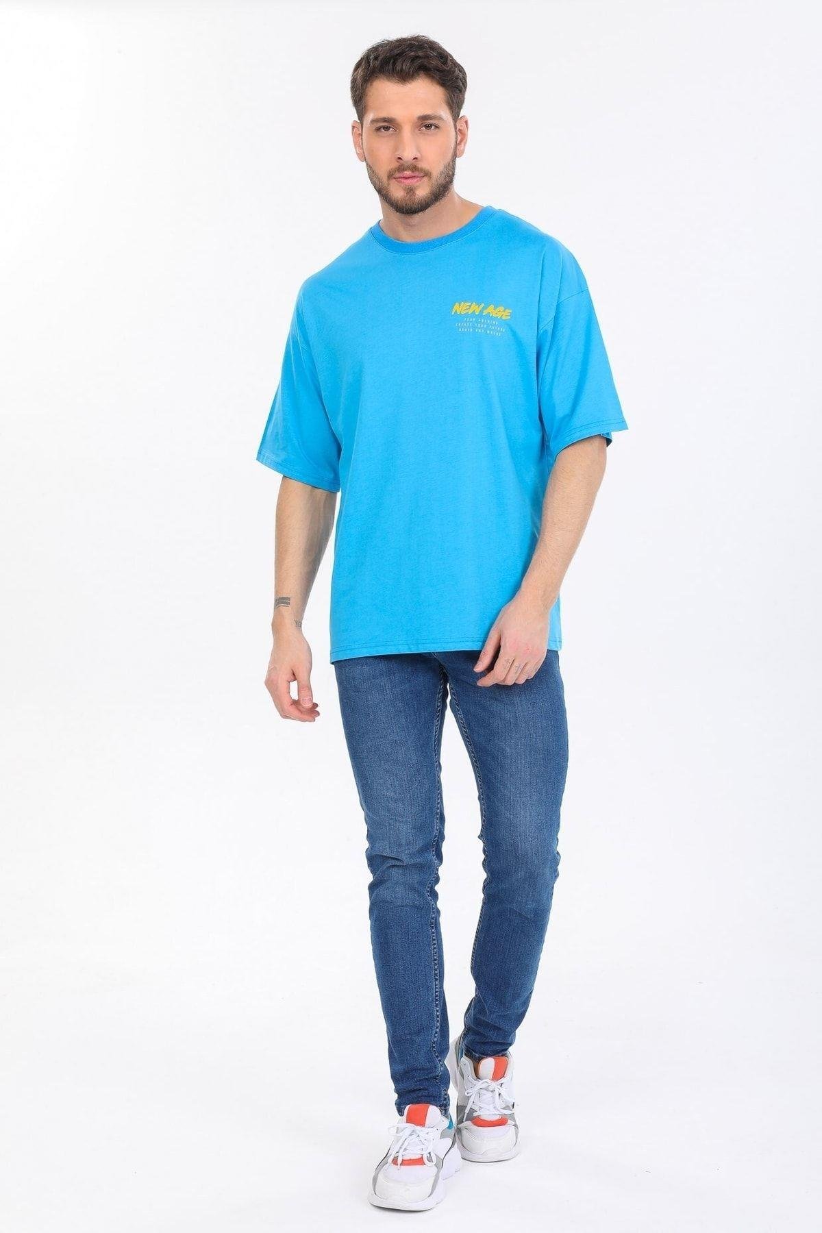 New Age Yazılı Mavi T-shirt
