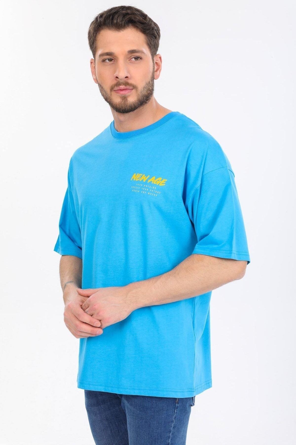 New Age Yazılı Mavi T-shirt