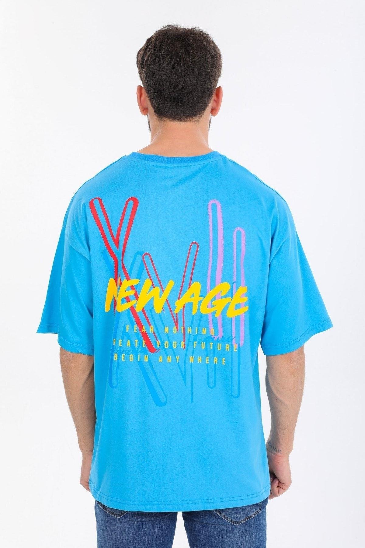 New Age Yazılı Mavi T-shirt