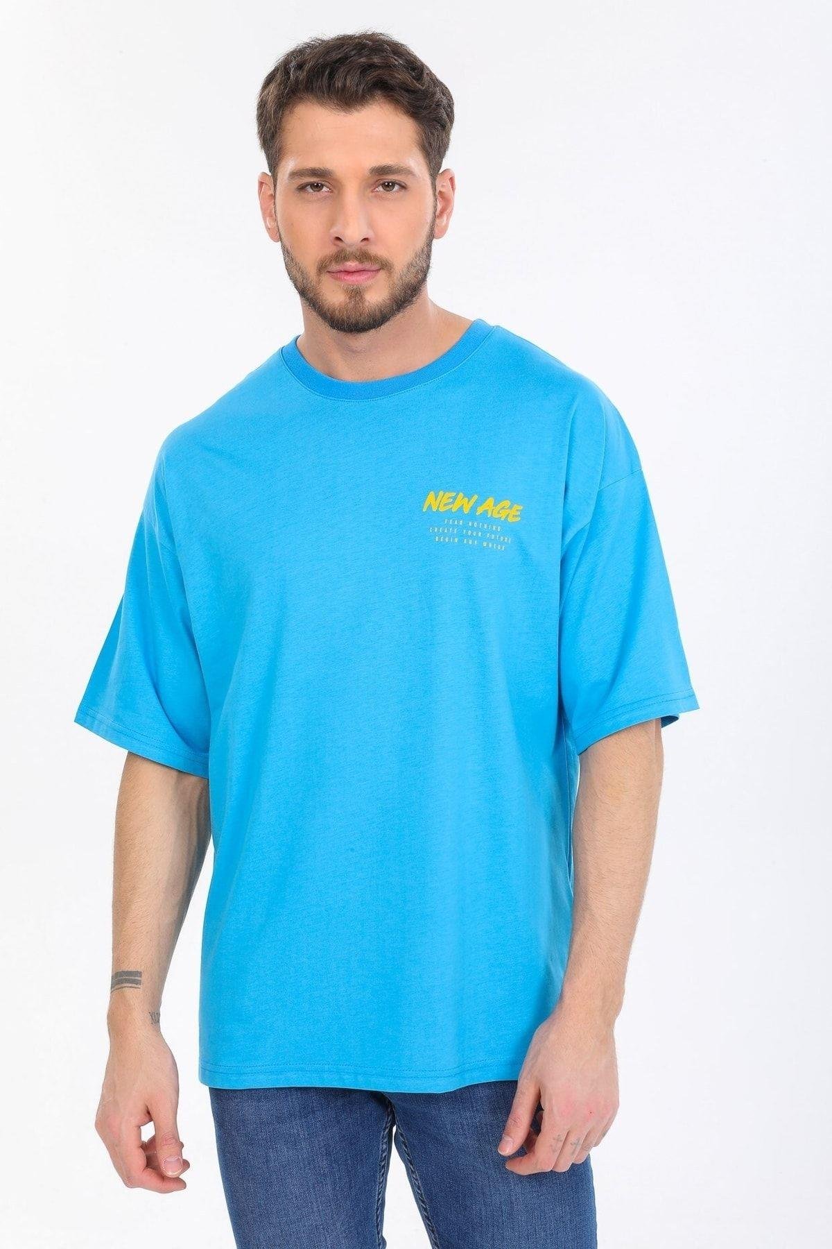 New Age Yazılı Mavi T-shirt