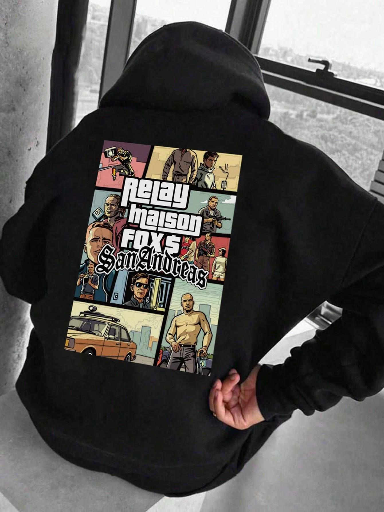 Oversize Geniş Kesim  Kapüşonlu Sweatshirt – GTA San Andreas Kapak Tasarımlı Siyah Hoodie