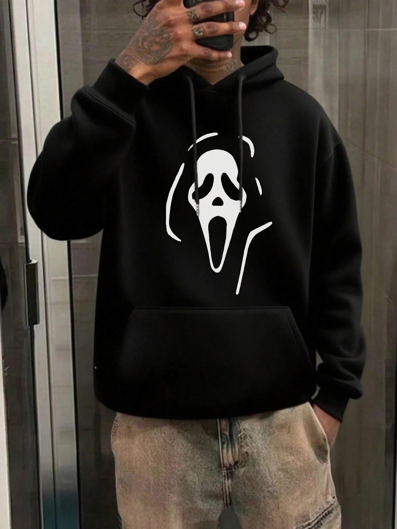 Oversize Geniş Kesim Uzun Kollu Kapüşonlu Sweatshirt – Siyah Hoodie Ghost Mask Baskılı
