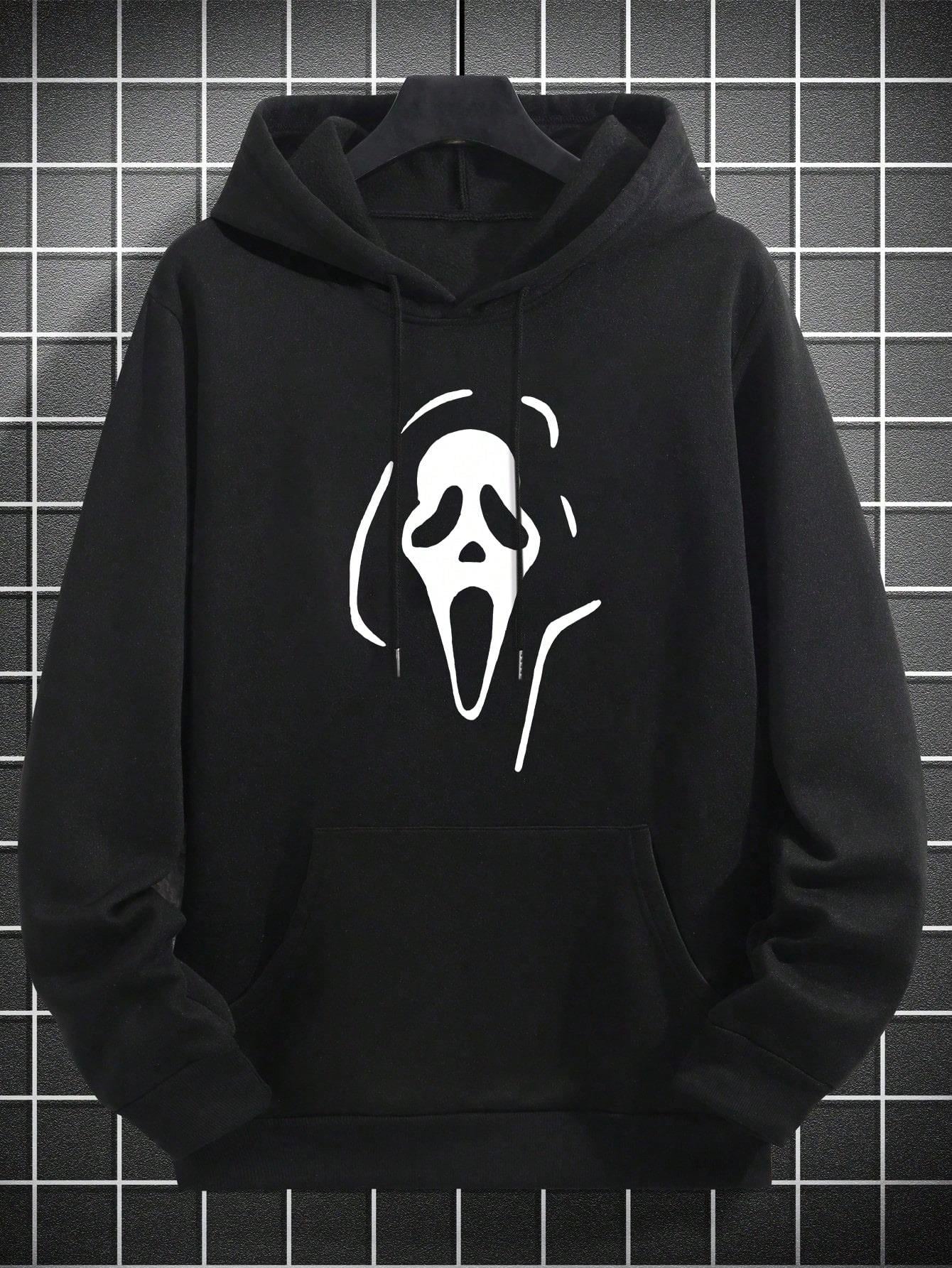 Oversize Geniş Kesim Uzun Kollu Kapüşonlu Sweatshirt – Siyah Hoodie Ghost Mask Baskılı