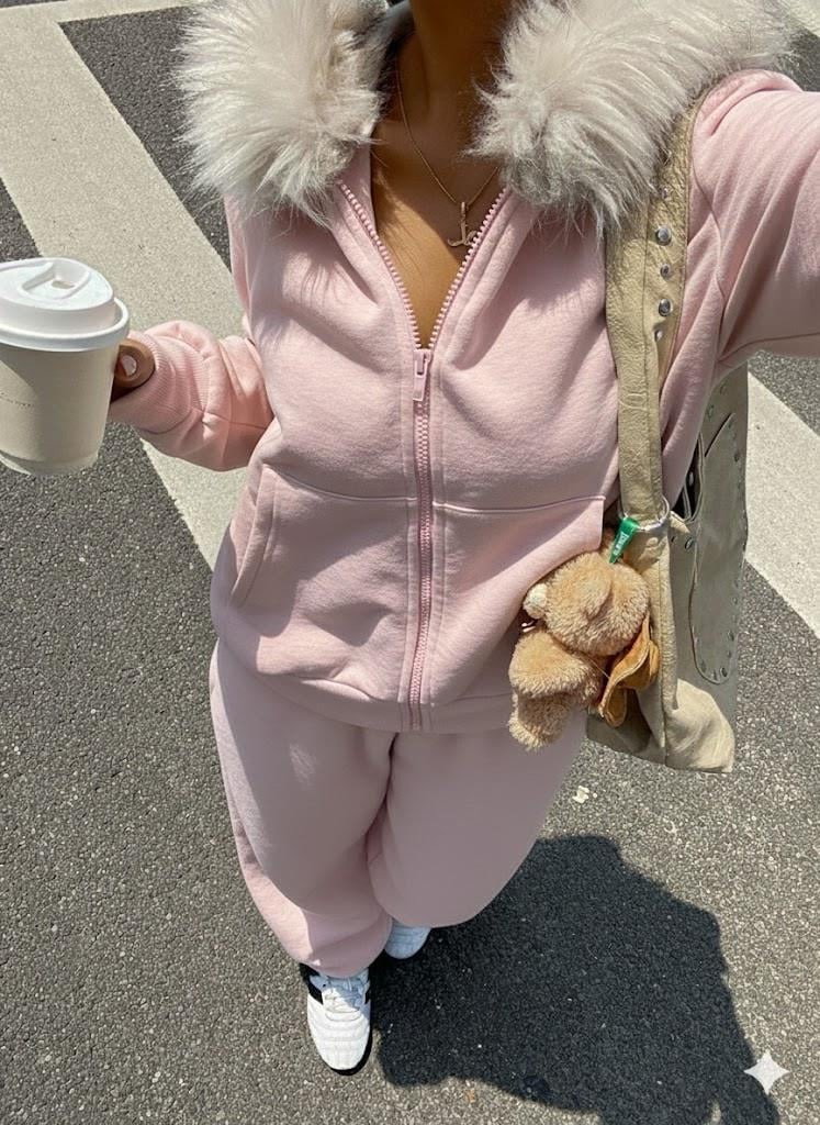 Pembe Fermuarlı Kapüşonlu Sweatshirt Eşfoman Takımı – Kürklü Kapüşon, Cepli, Rahat Kalıp